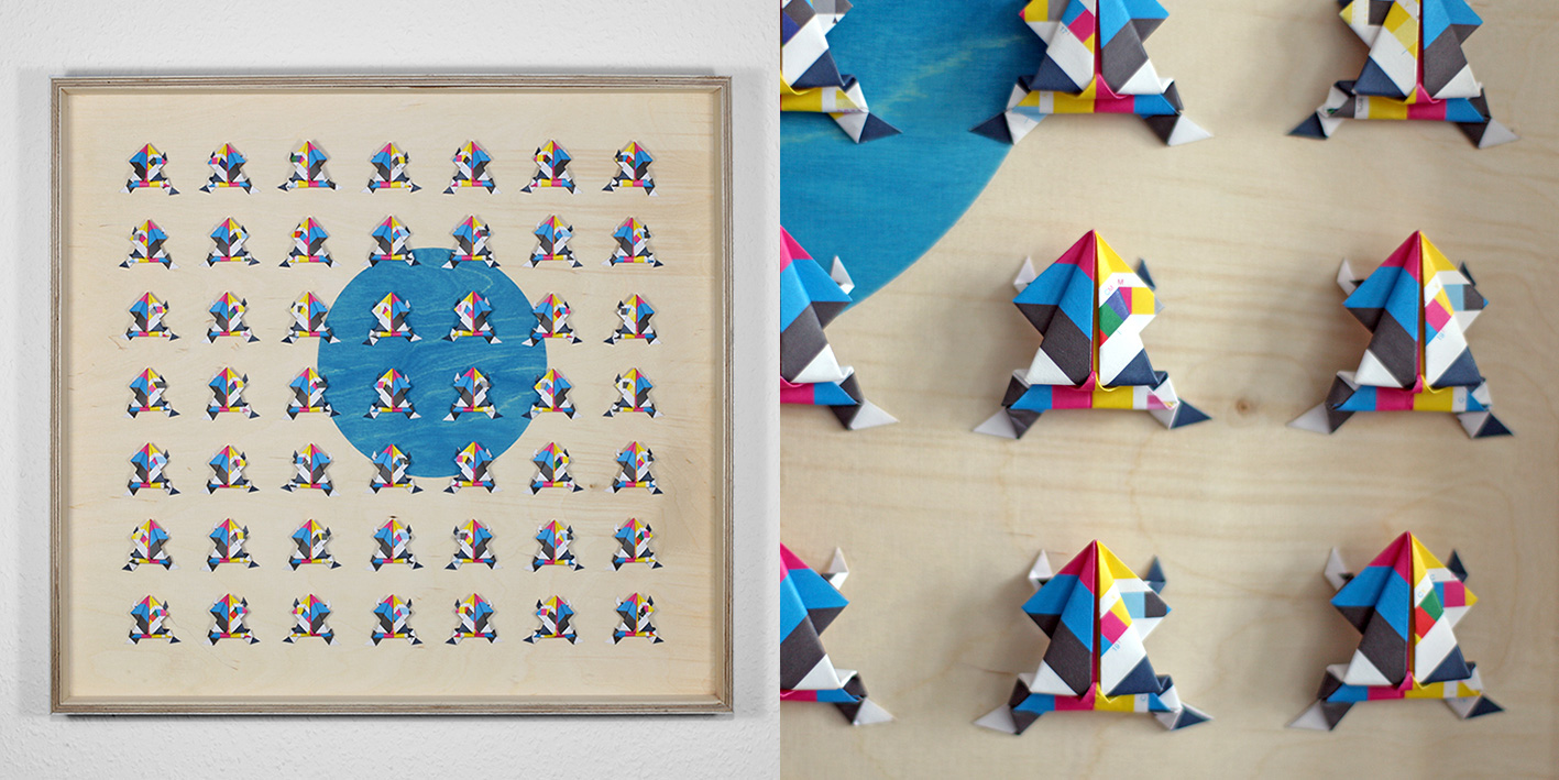 Printed Frogs, CMYK/skala printed cut paper, birch multiplex frame, 58 x 54 cm, 2013, Photo: Ignatz Deckardt, 950 €