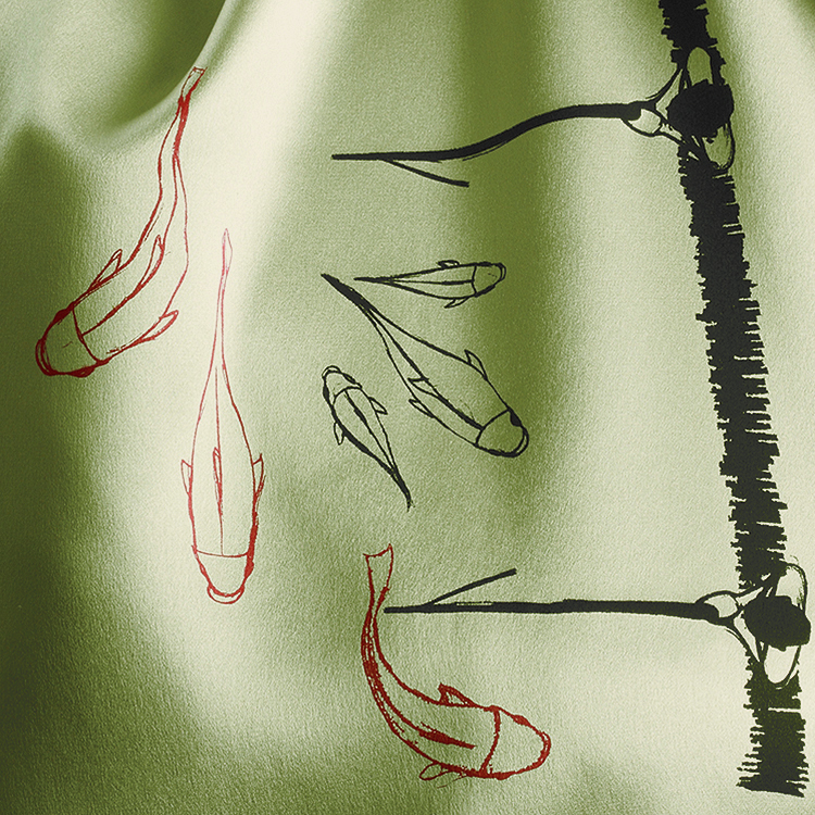 Am Teich detail, CrêpeSatin silk, pastelgreen, 190 x 45 cm, manual silk-screen print, 2014, 310 €