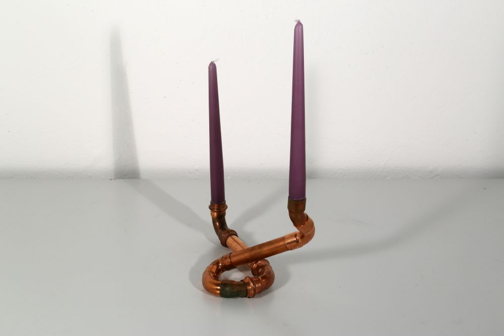 two-armed candleholder, recycling copper, 25 x 16 x 14 cm, 2015, 70 €