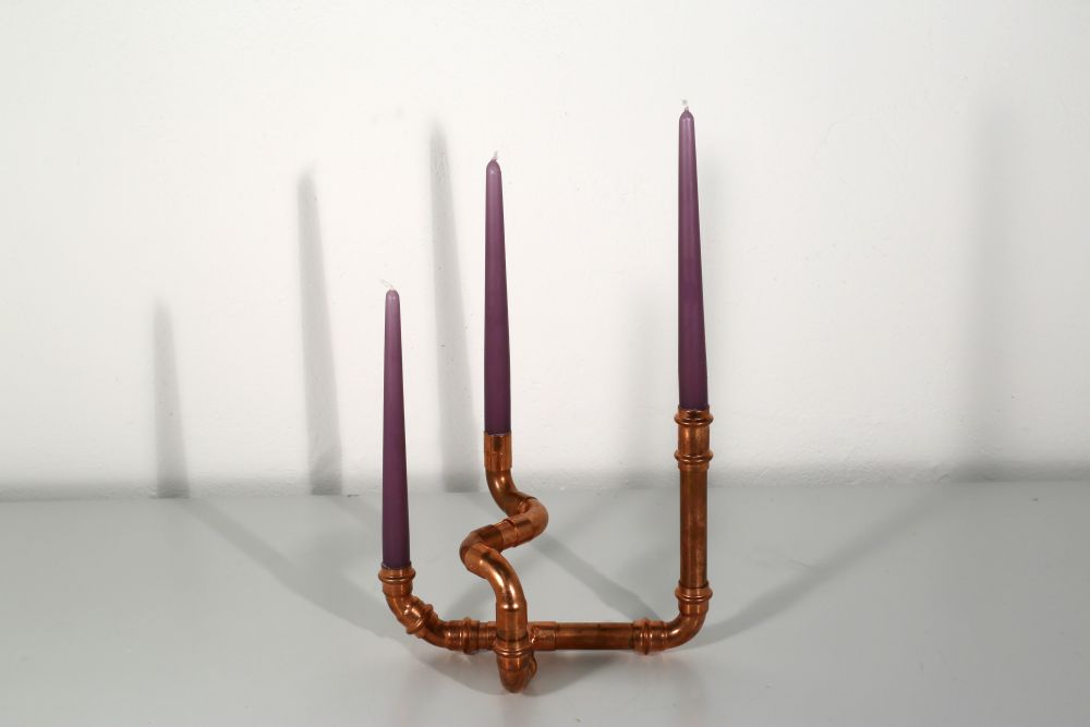 three-armed candle holder, recycling copper, 27 x 22 x 18 cm, 2015, 95 €