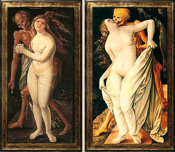 Hans Baldung Grien, Tod und Weib, 1517. Als Verfolger, Liebhaber und Warner mit dem Stundenglas tritt der Tod auf Baldungs Bildern an die Frau heran. Als Kontrast zu ihrer blühenden Schönheit, aber wohl auch, weil die Frau das Leben gebiert.