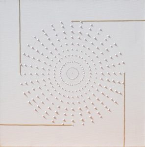 “Der Anfang”, Acrylfarbe, Stickerei auf Leinwand, 50x50 cm, 2016